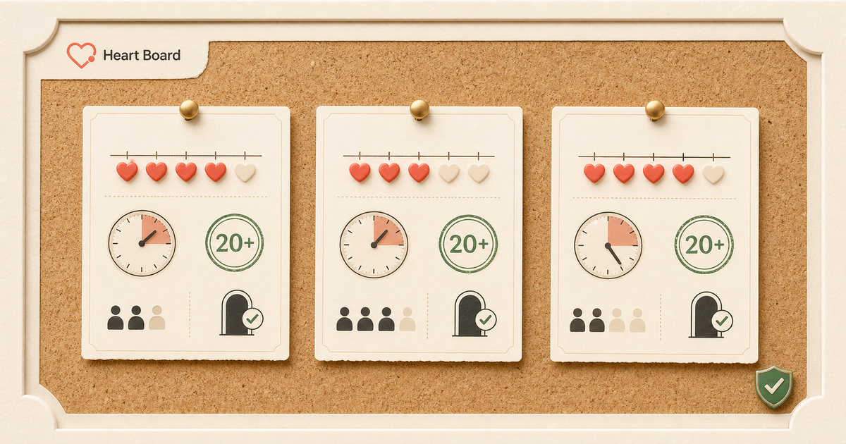 Heart Boardのコルク掲示板にハート数、時間、年齢、参加条件の募集カードが並ぶ